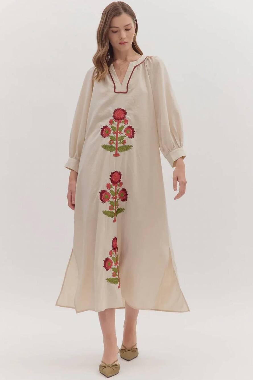 NEW ENTRO dahlia embroidered midi dress in ecru